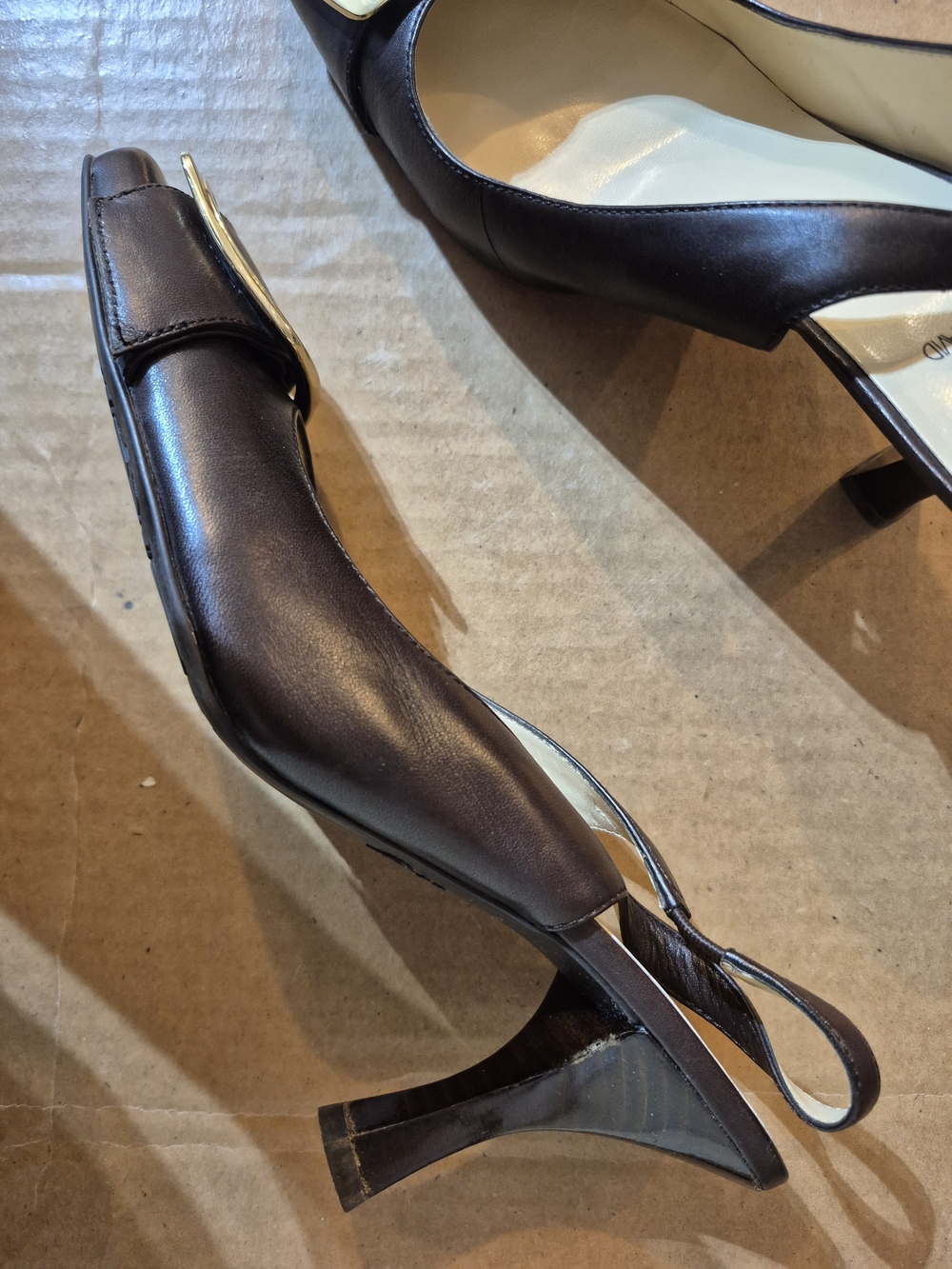 Brown Leather Slingback Heels with Gold Buckle